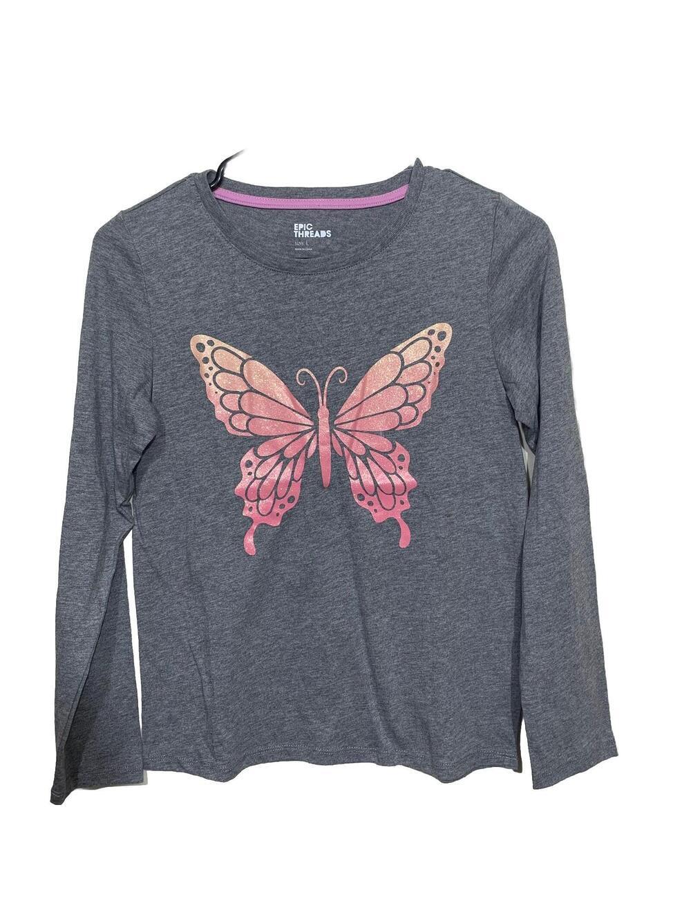 Epic Threads Butterfly Graphic Tee Girls Size L Gray Long Sleeve Glitter Shirt